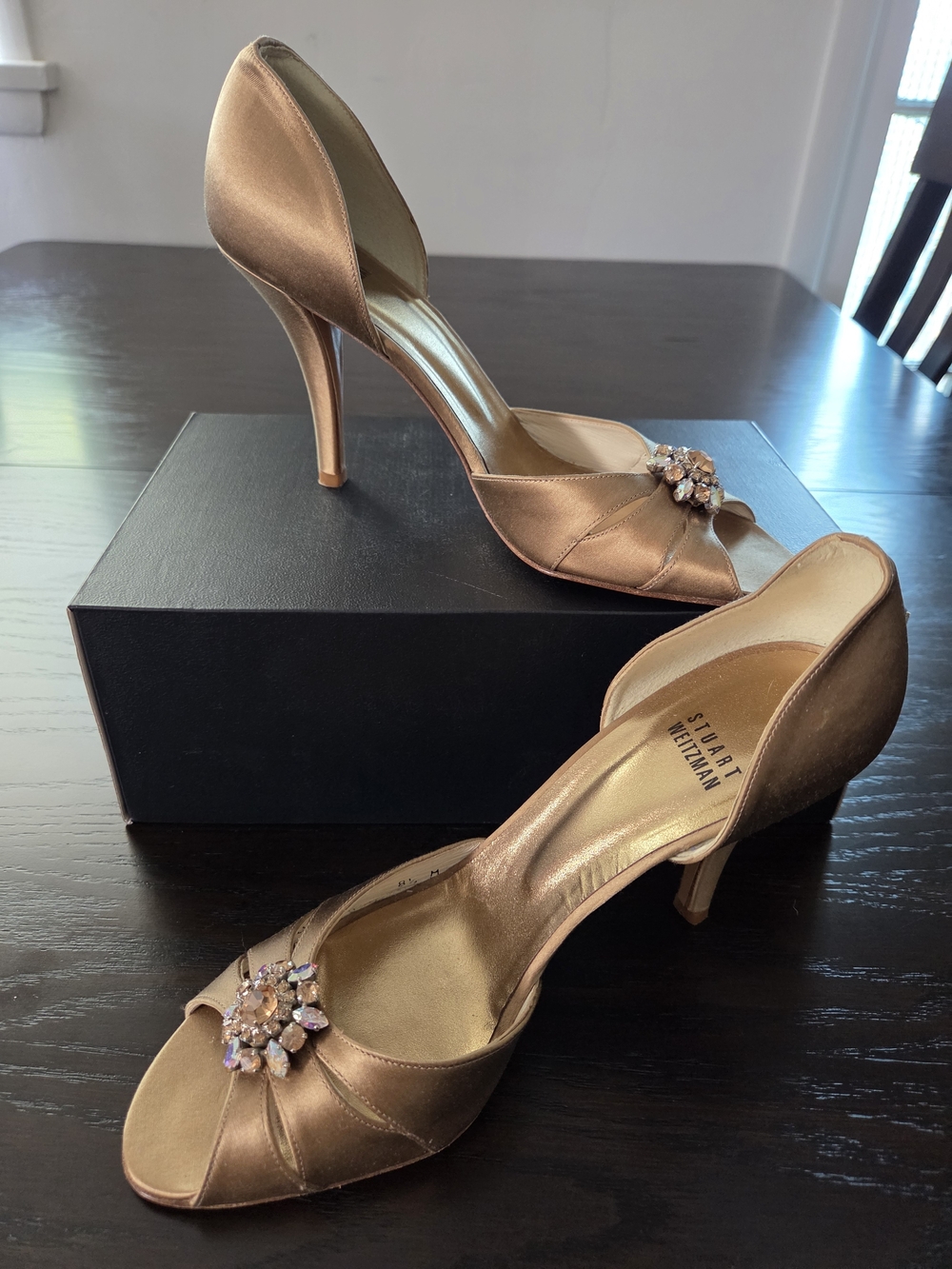 Stuart Weitzman Rose Gold Satin D'Orsay Heels with Jewel Cluster